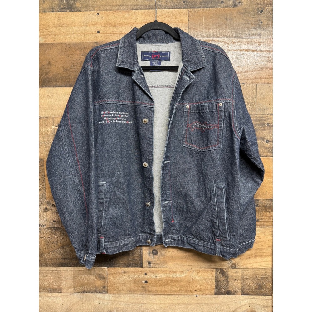 Vintage Y2K 90's Phat Farm Denim Jacket Men XL Dark Wash Hip Hop Russell Simmons